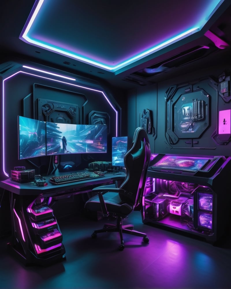 Masterpiece, highest quality,world's best gaming pc,futuristic,cyberpunk gaming room