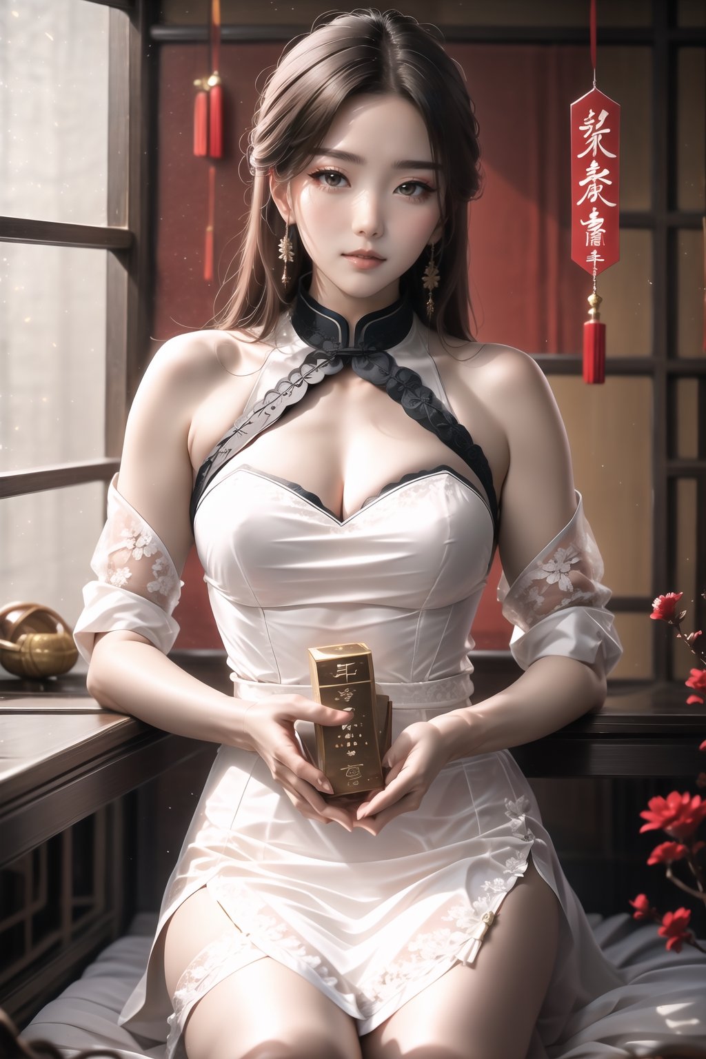 清晰美麗的臉，身穿紅色旗袍，身材豐滿，超高畫質，photorealistic 