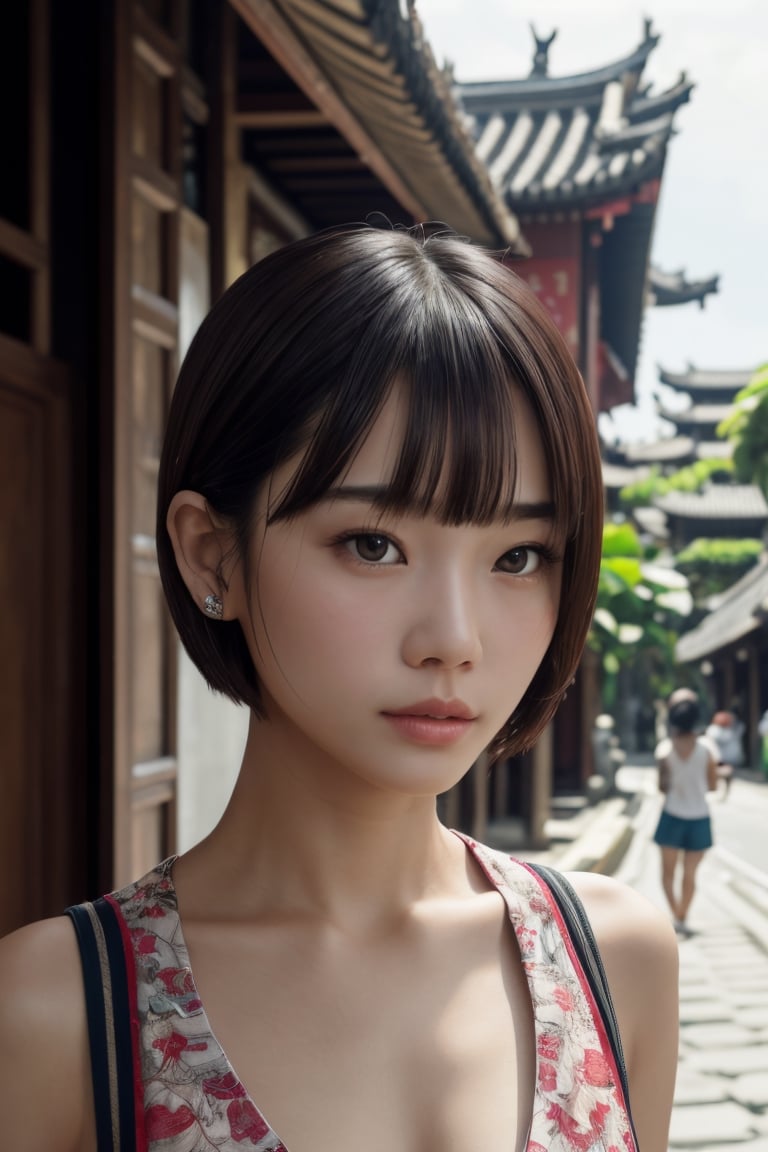 1girl, Chinese Bali street,cityscape, upper body,close-up, 8k, RAW photo, best quality, masterpiece,realistic, photo-realistic,, Short hair, blunt bangs