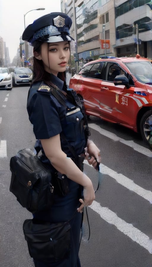 Masterpiece, Best Quality, Very Detailed, 8k, A Chinese female police officer directs traffic on the street