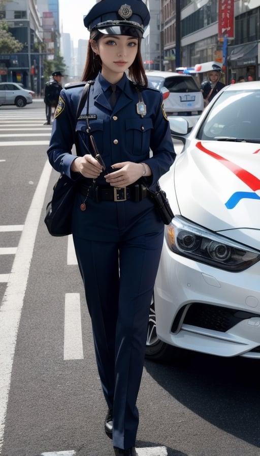 Masterpiece, Best Quality, Very Detailed, 8k, A Chinese female police officer directs traffic on the street