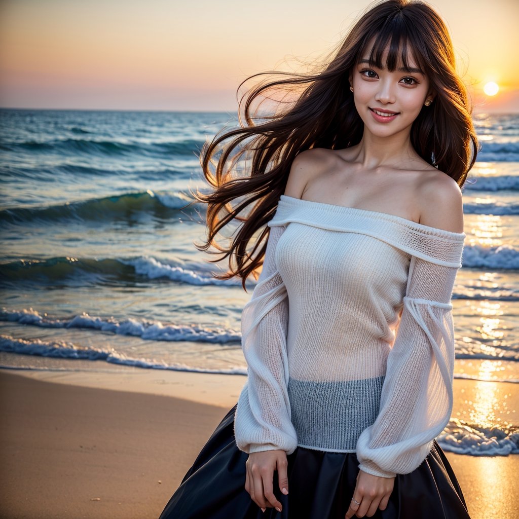 8k, highest quality, ultra details, masterpiece, best quality, photorealistic, raw photo, 1girl, long hair, blunt bangs blouse, light smile, detailed skin, pore, off-shoulder, low key, black background, Lalisa, beach sunset.