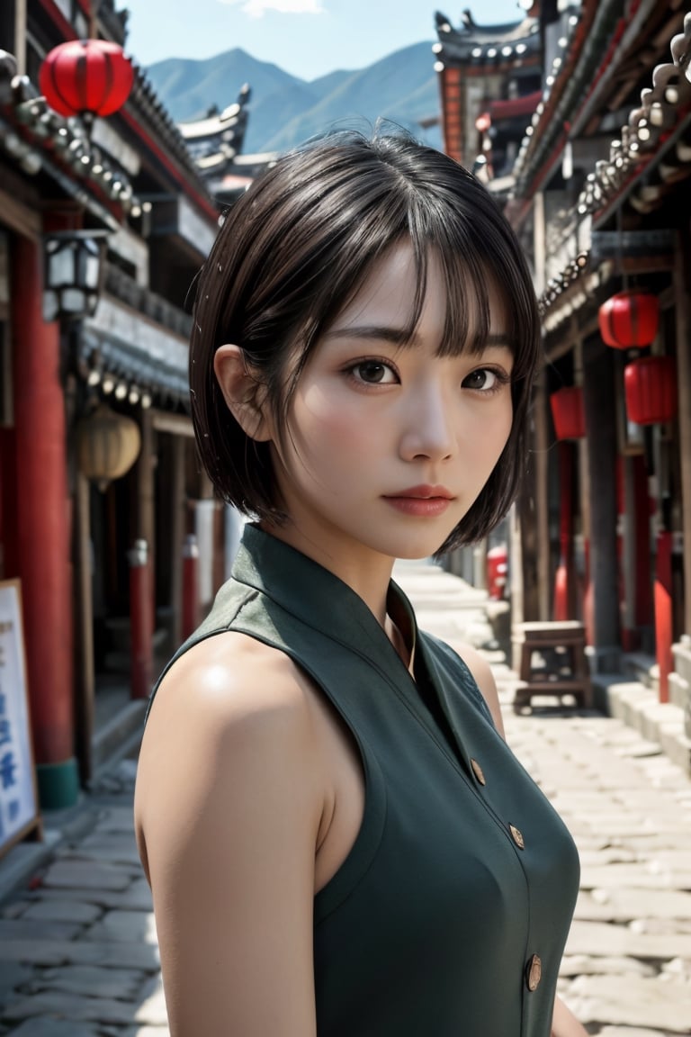 1girl, streets of Lijiang Ancient Town, China, cityscape, upper body, close-up, 8k, RAW photo, best quality, masterpiece, realistic, realistic,, short hair, bangs, bumi, dark green eyes