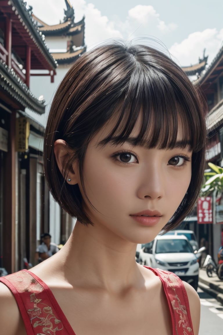 1girl, Chinese Bali street,cityscape, upper body,close-up, 8k, RAW photo, best quality, masterpiece,realistic, photo-realistic,, Short hair, blunt bangs