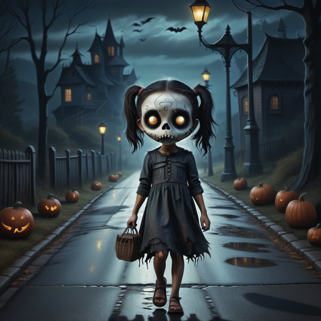 On a dark night, the street lamps emitted dim light, and a 10-year-old little girl walked alone on the road. The little girl had big eyes, black ponytail hair, and was wearing tattered clothes. There was a frightened expression on her face. Behind her A man wearing a skull mask came towards her, in the style of esao andrews,style of Edvard Munch,halloween,c1bo