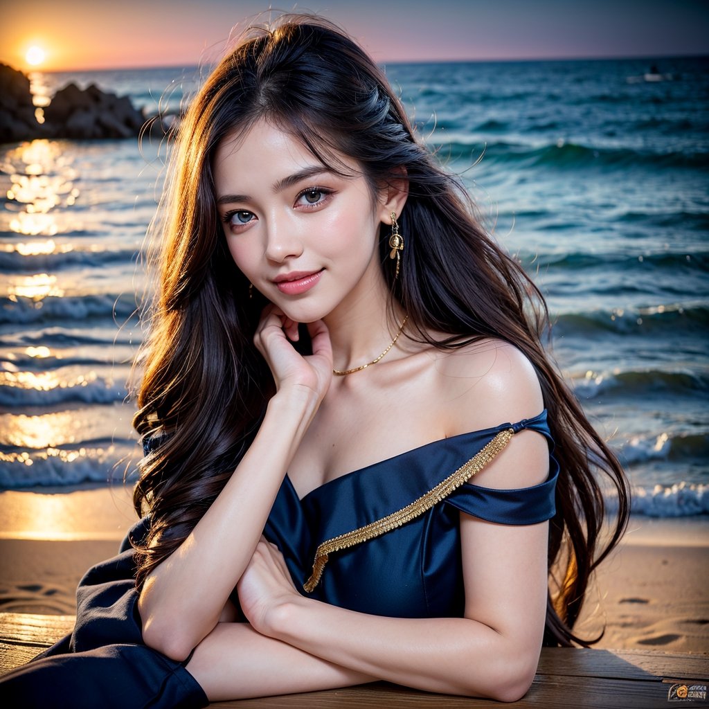 8k, highest quality, ultra details, masterpiece, best quality, photorealistic, raw photo, 1girl, long hair, blunt bangsdark blue eyes blouse, light smile, detailed skin, pore, off-shoulder, low key, black background, Lalisa, beach sunset.