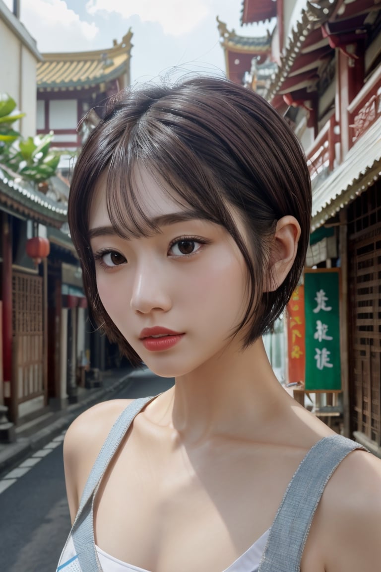 1girl, Chinese Bali street,cityscape, upper body,close-up, 8k, RAW photo, best quality, masterpiece,realistic, photo-realistic,, Short hair, blunt bangs,Bomi