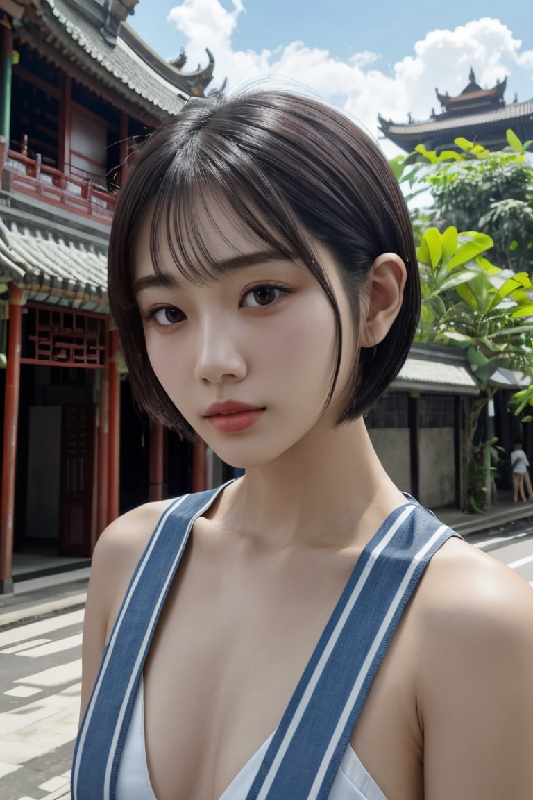 1girl, Chinese Bali street,cityscape, upper body,close-up, 8k, RAW photo, best quality, masterpiece,realistic, photo-realistic,, Short hair, blunt bangs,Bomi