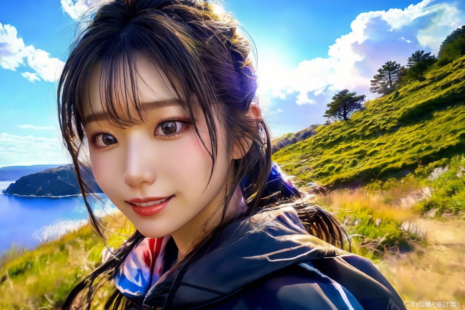 A beautiful girl stands next to a cliff with blue sky and white clouds in the background, wearing a black sexy outfit
bright light, clear facial expression, bomi