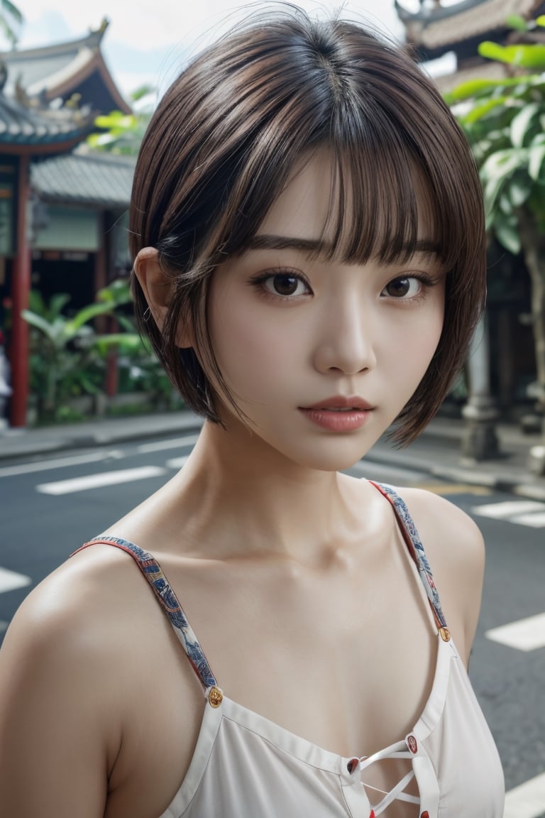 1girl, Chinese Bali street,cityscape, upper body,close-up, 8k, RAW photo, best quality, masterpiece,realistic, photo-realistic,, Short hair, blunt bangs,Bomi