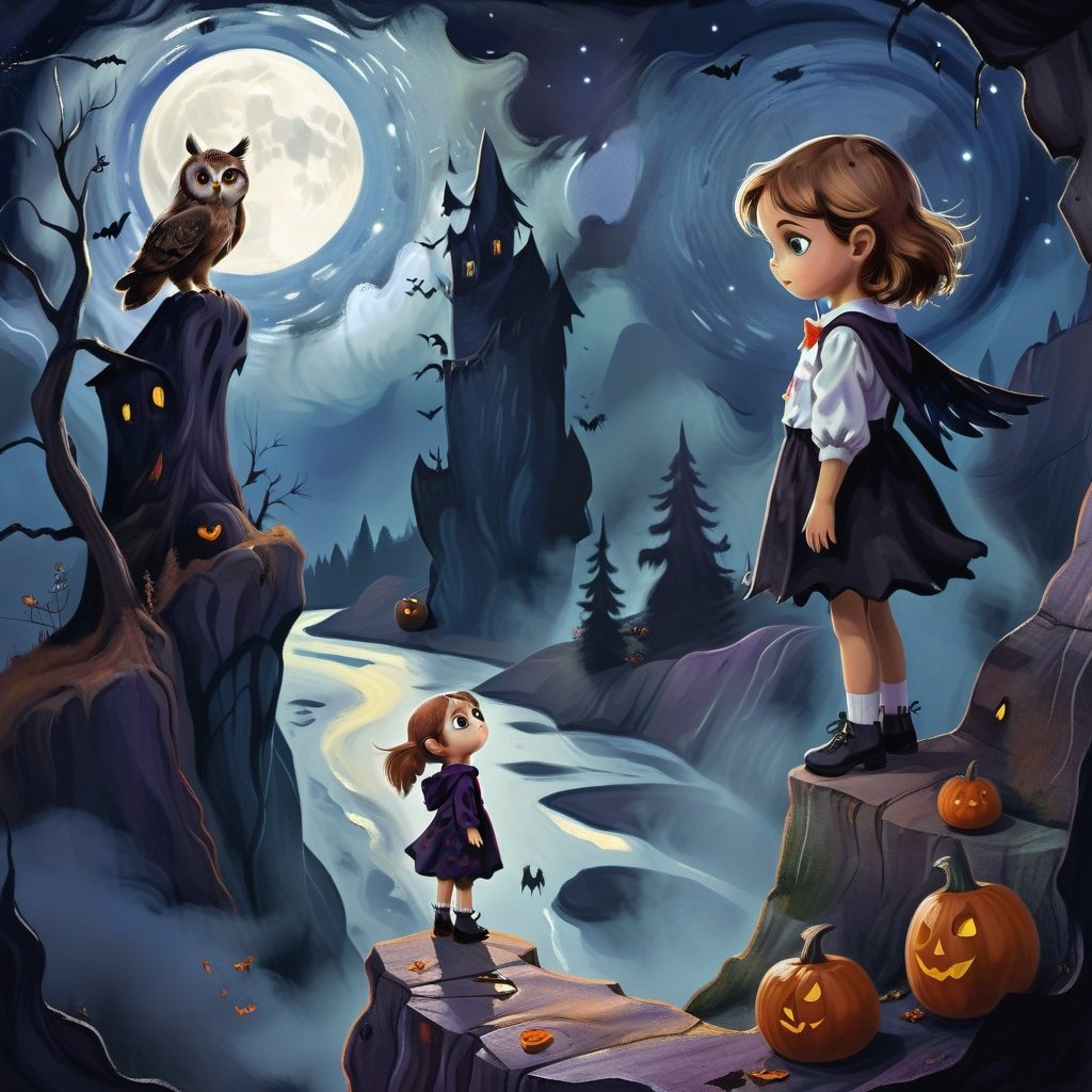 A beautiful little girl stands on the edge of a steep cliff and looks into the distance, and an eagle owl hovers in space,halloween,tmts,style of Edvard Munch