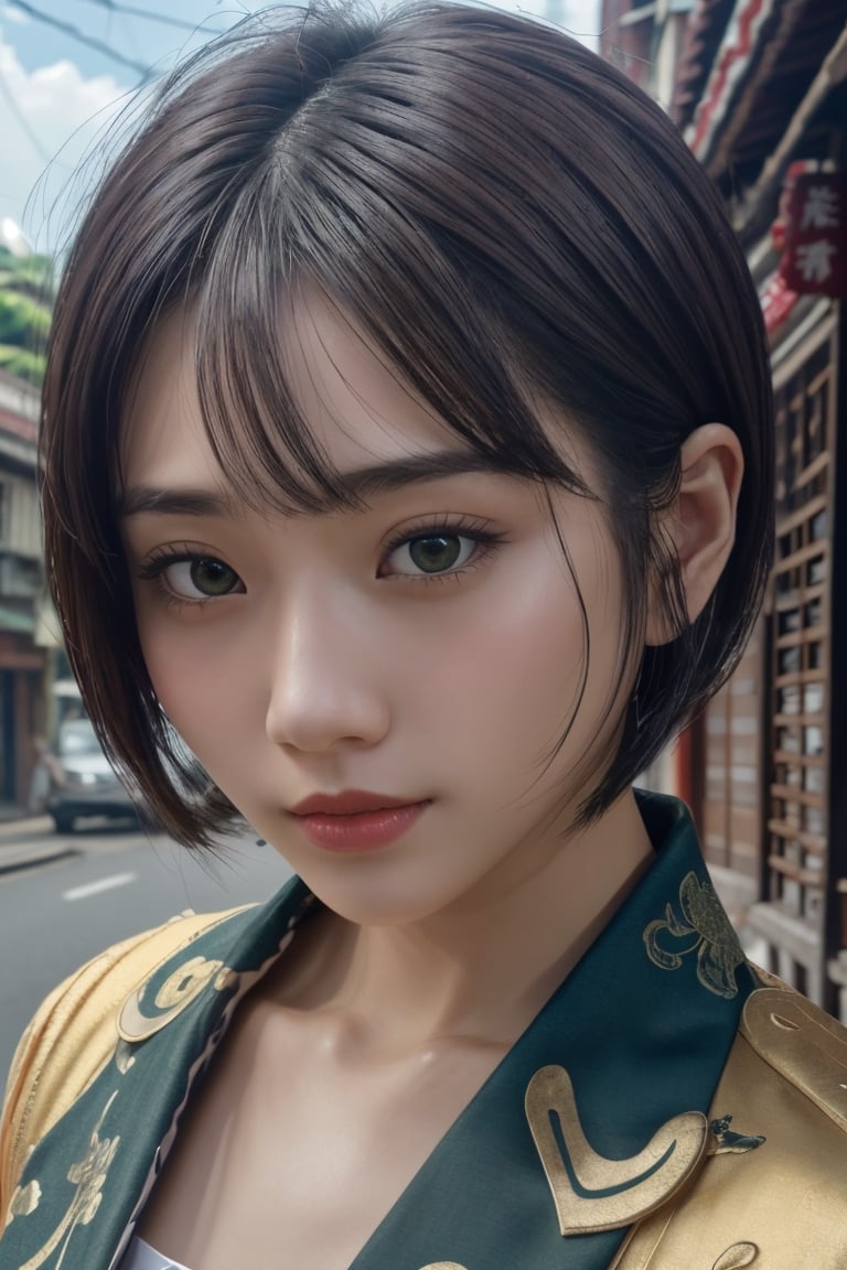 1girl, Chinese Bali street,cityscape, upper body,close-up, 8k, RAW photo, best quality, masterpiece,realistic, photo-realistic,, Short hair, blunt bangs,Bomi,dark green eyes