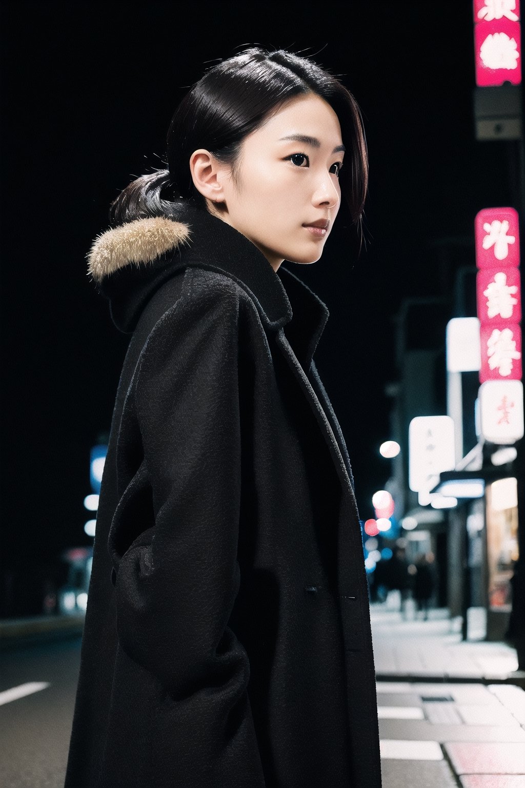 a figure, close side view, wearing black long-coat, standing in japan streets, dark neon street background, perfect hands, 4K, realistic,  photorealistic, masterpiece,photorealistic, ,realhands