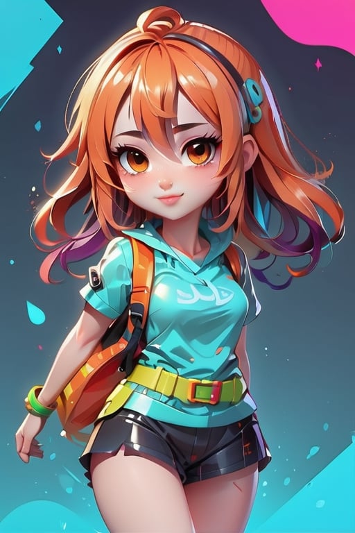 A quirky and playful take on a girl [random pose] and [random outfit] character, vibrant colors, cartoonish features, glossy finish, vertical orientation, high stylization,chibi