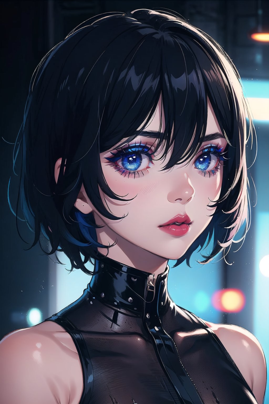 1girl, solo, looking at viewer, short hair, blue light , black hair, hair between eyes, eyelashes, makeup, lipstick, portrait, close-up