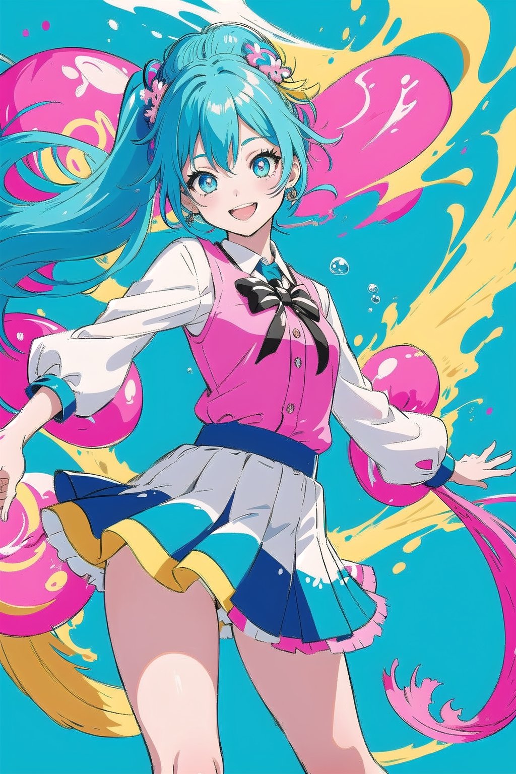Create a vibrant, colorful anime-style illustration of a joyful girl with light blue hair, styled in two high ponytails with some strands playfully flowing around. The girl has bright, expressive eyes with multiple colors and a wide, happy smile. She is wearing a modern, stylish outfit, possibly a school uniform with a touch of fantasy elements. The background is an underwater scene filled with splashes of bright colors, giving it a surreal and lively atmosphere. Include various colorful fish, predominantly pink and blue, swimming around her, and add bubbles and abstract patterns to enhance the dynamic feel of the scene. The overall color palette should be vivid, featuring blues, pinks, yellows, and a touch of white, creating a cheerful and energetic composition.