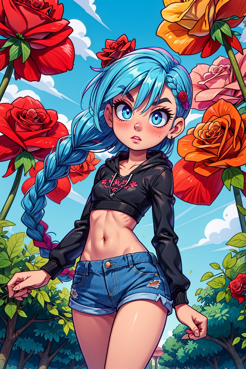 she wears a red rose as an ornament in her hair, HairRose, JinxLol, Narin, light_blue_hair, light_blue_eyes, (cowboy_shot:1.1), (eye_level_shot), (front vire, viewed_from_front)), jawline is softly defined, (big eyes:1.3), Full of details, Highly detailed, Detailed face, serious expression, denim shorts with worn edges, walking, midriff, bare_midriff, pink lipstick, full lips, very narrow waist, hourglass body shape,shine eyes01, looking_at_viewer, ((background of a natural path full of plants, trees and roses)), hands down, perfect,

"((Jinx walks)) calmly for a natural path full of plants, trees and roses wearing ((raw-edged denim shorts)) and a ((crop top)), her beautiful ((eyes shine)) and the wind plays with her ((long braided hair)) and she wears a rose as an ornament in her hair",perfect,HairRose