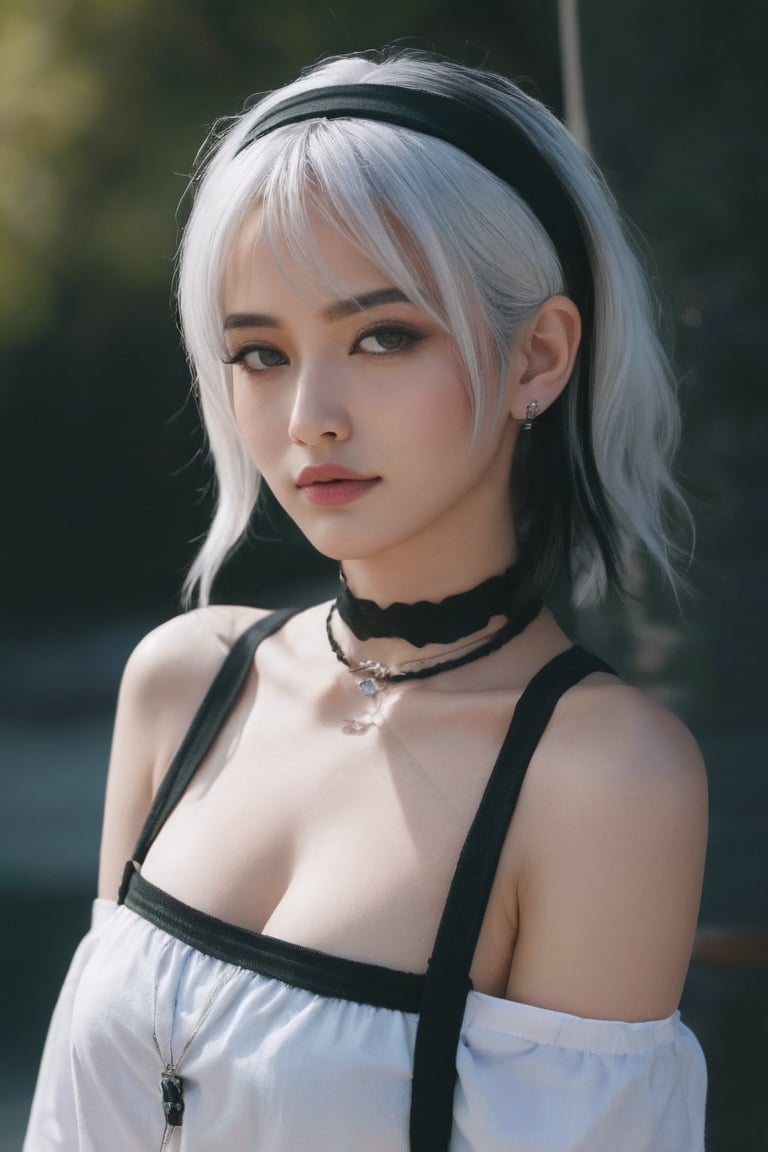 score_9, score_8_up, score_7_up,emo,scenery,masterpiece, best quality, aesthetic ,1girl, beautiful person, white hair,  upper body, choker,  black hairband, earing piercing, casual fashion