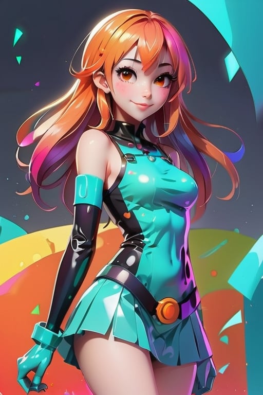 A quirky and playful take on a girl [random pose] and [random outfit] character, vibrant colors, cartoonish features, glossy finish, vertical orientation,