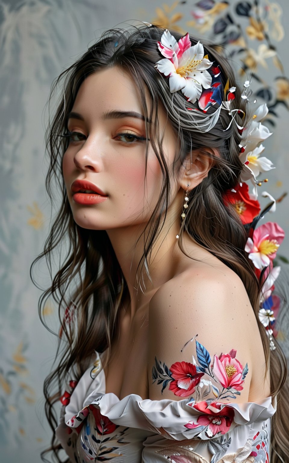 Digital art, beautiful decorative painting, profile portrait, off shoulder, beautiful collarbone, light gray background, long hair, sexy lips, master's work, abstract art, full of details, 8k