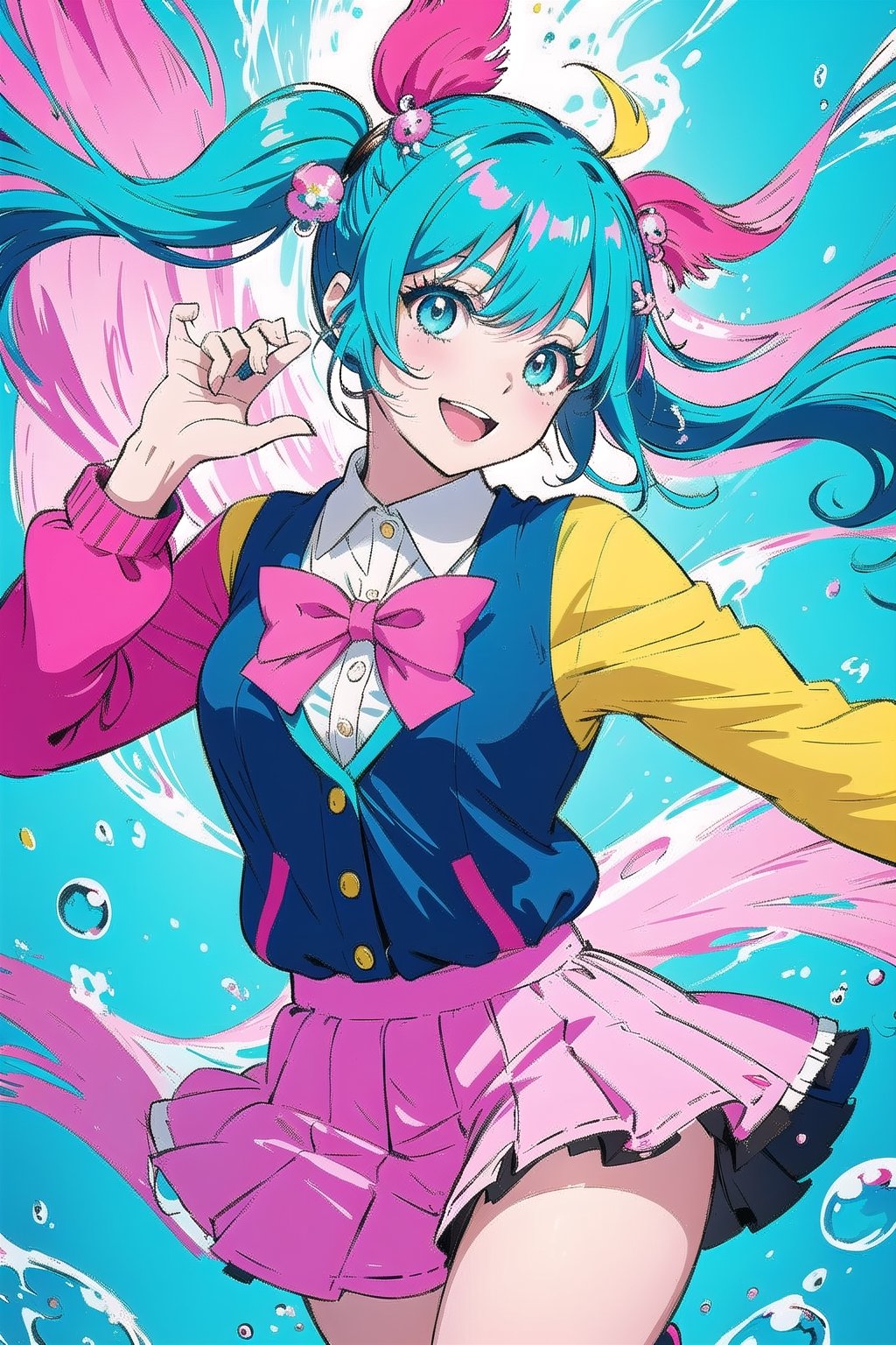 Create a vibrant, colorful anime-style illustration of a joyful girl with light blue hair, styled in two high ponytails with some strands playfully flowing around. The girl has bright, expressive eyes with multiple colors and a wide, happy smile. She is wearing a modern, stylish outfit, possibly a school uniform with a touch of fantasy elements. The background is an underwater scene filled with splashes of bright colors, giving it a surreal and lively atmosphere. Include various colorful fish, predominantly pink and blue, swimming around her, and add bubbles and abstract patterns to enhance the dynamic feel of the scene. The overall color palette should be vivid, featuring blues, pinks, yellows, and a touch of white, creating a cheerful and energetic composition.