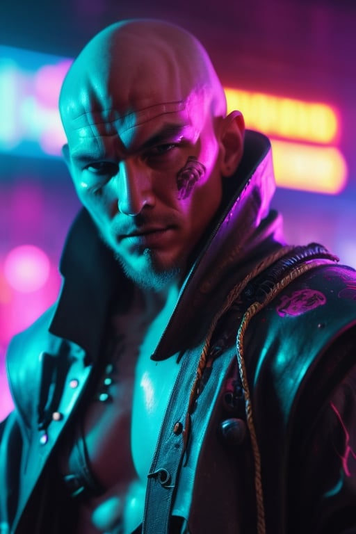 cinematic still, a cyberpunk cowboy warrior monk, wielding, close up, neon lights