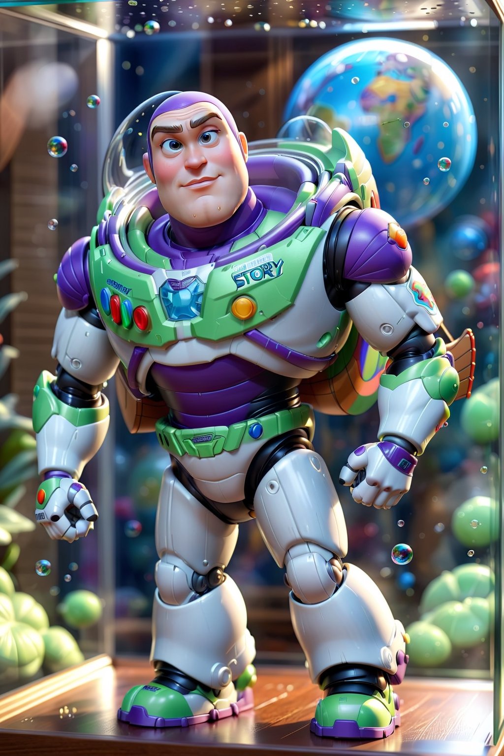 Buzz Lightyear from Toy Story, inside a beautiful display case in an ultra realistic, high definition display
3D,Cartoon,bubbleGL