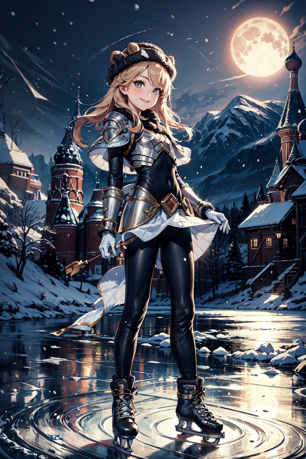 very good quality image, high resolution, best quality image, with a state-of-the-art image, 1girl, league of legends lux, full body, solo, ((hat, ushanka, russian)), armor, cuirass, jumpsuit , gloves, white gloves,(flat chests:1.2),arm behind the back, outdoors,night,full moon,(frozen river),skates,((ice skating on ice)),snow,smiling, looking at the viewer