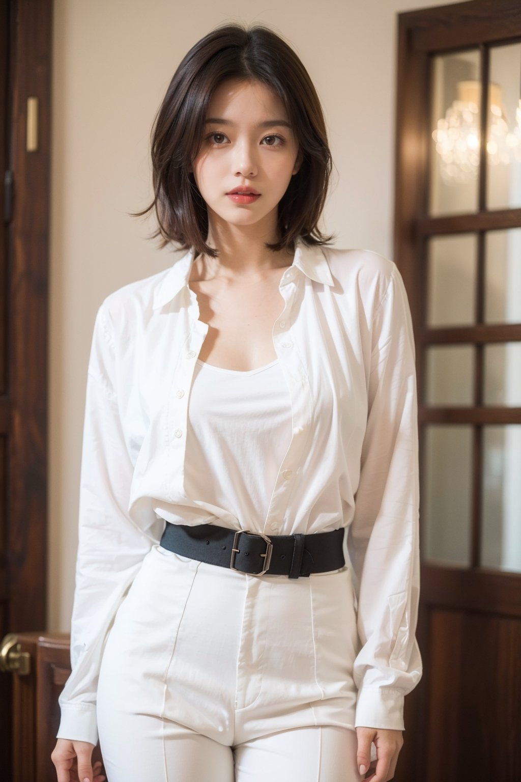 (best quality,4k,8k,highres,masterpiece:1.2),ultra-detailed,(realistic,photorealistic,photo-realistic:1.37),portrait, mid-twenty woman, 22 years old, white blouse, black coat, black pants, medium dark red bob hair, fair skin, red eyes, soft pink lips, curvy, hourglass-shaped figure, large breasts, waist-up, bright and warm tone, soft lighting