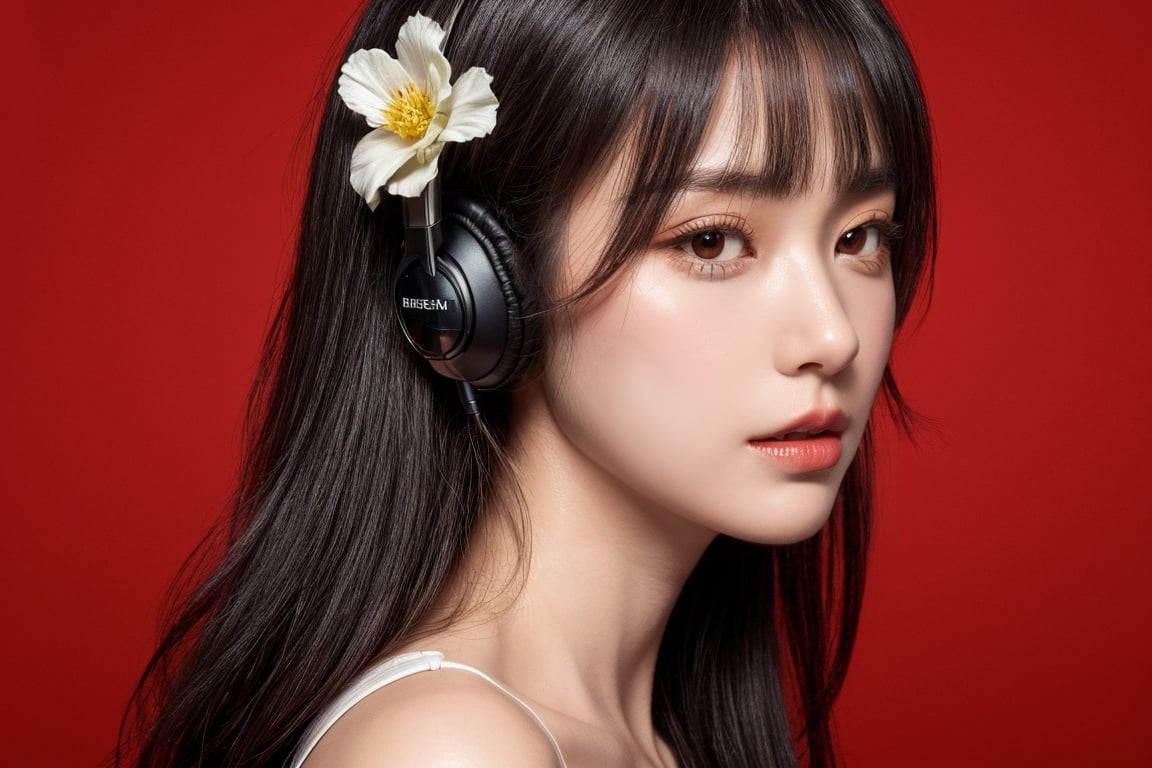 1girl, solo, long hair, looking at viewer, bangs, short black hair, hair ornament, closed mouth, upper body, hair flower, sexy hiphop clothes, red background, black eyes, lips, sash, realistic, wearing headphones