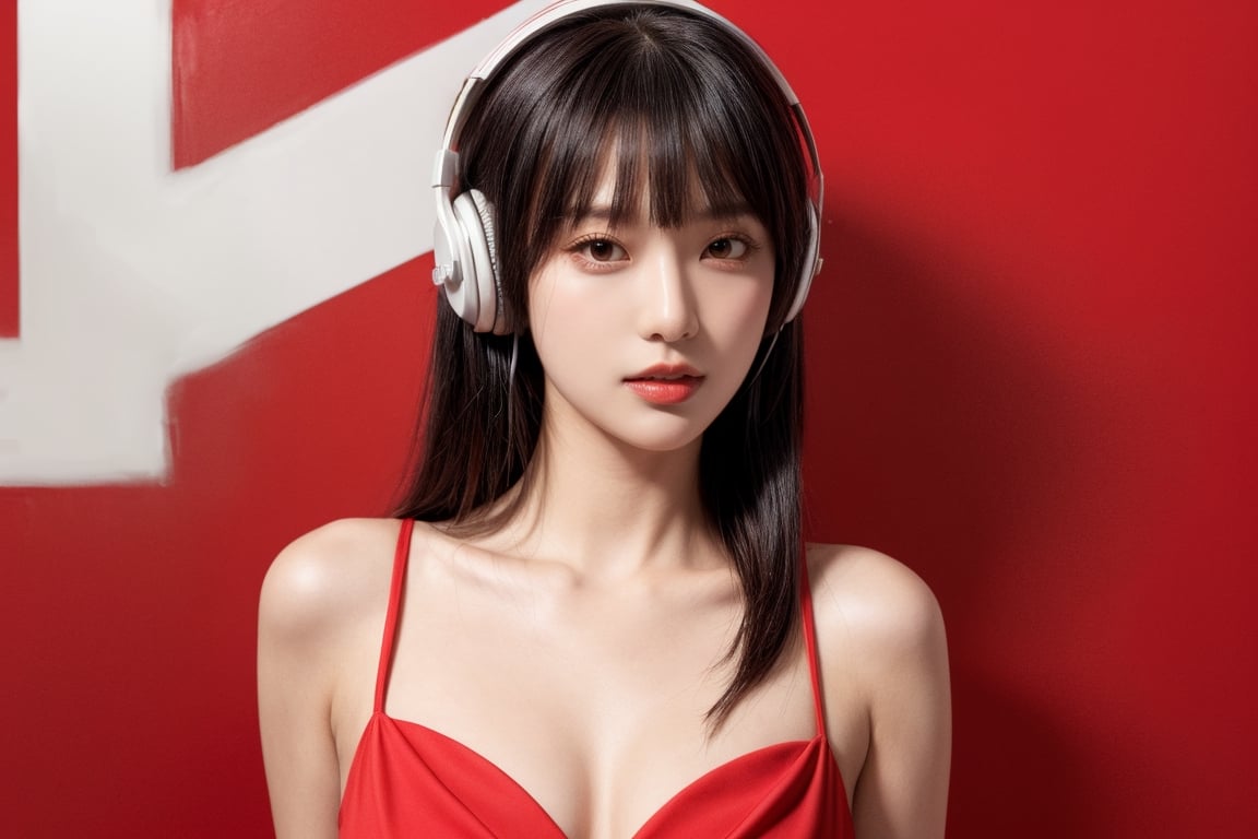 1girl, solo, long hair, looking at viewer, bangs, short black hair, hair ornament, closed mouth, upper body, hair flower, sexy hiphop clothes, red background, black eyes, lips, sash, realistic, wearing headphones