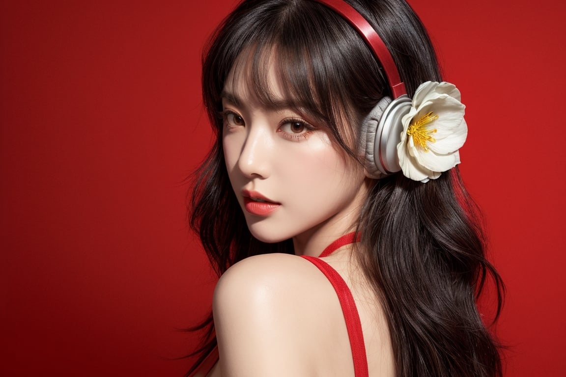 1girl, solo, long hair, looking at viewer, bangs, short black hair, hair ornament, closed mouth, upper body, hair flower, sexy hiphop clothes, red background, black eyes, lips, sash, realistic, wearing headphones