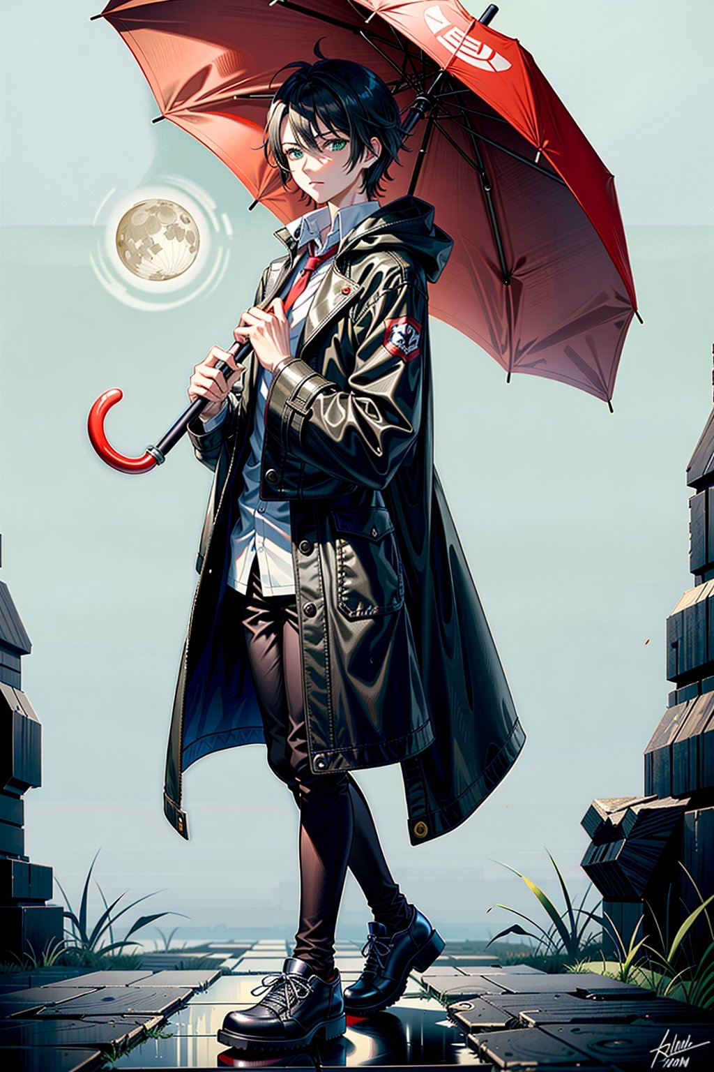 umbrella,hand holding umbrella,RiseliaRayHighly detailed, high quality, beautiful masterpiece, whole, ,Hajime_Saitou 1boy, black hair, green and white hightlights, eyes open, left white and right green, alone, holding black katana, night, moon, black and green large coat, nike shoes,FushimiSaruhiko