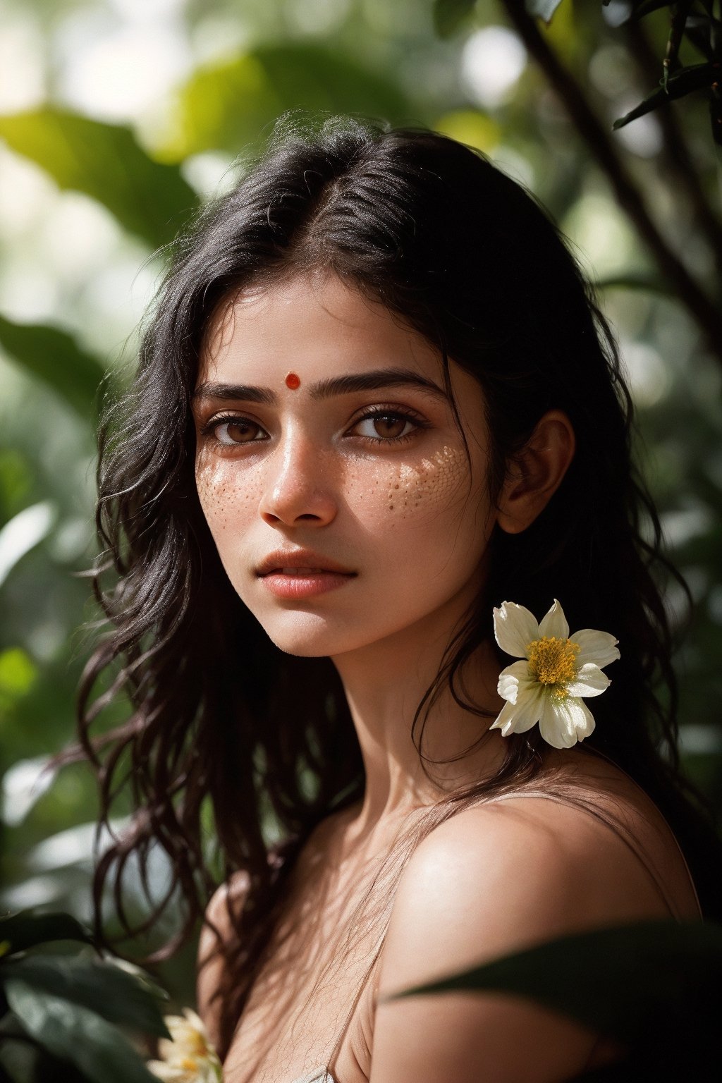 fashion photography portrait of indian girl with black long hair, in lush jungle with flowers, 3d render, cgi, symetrical, octane render, 35mm, bokeh, 9:16, (intricate details:1.12), hdr, (intricate details, hyperdetailed:1.15), (natural skin texture, hyperrealism, soft light, sharp:1.2), detailed, sunlight passing through foliage, india