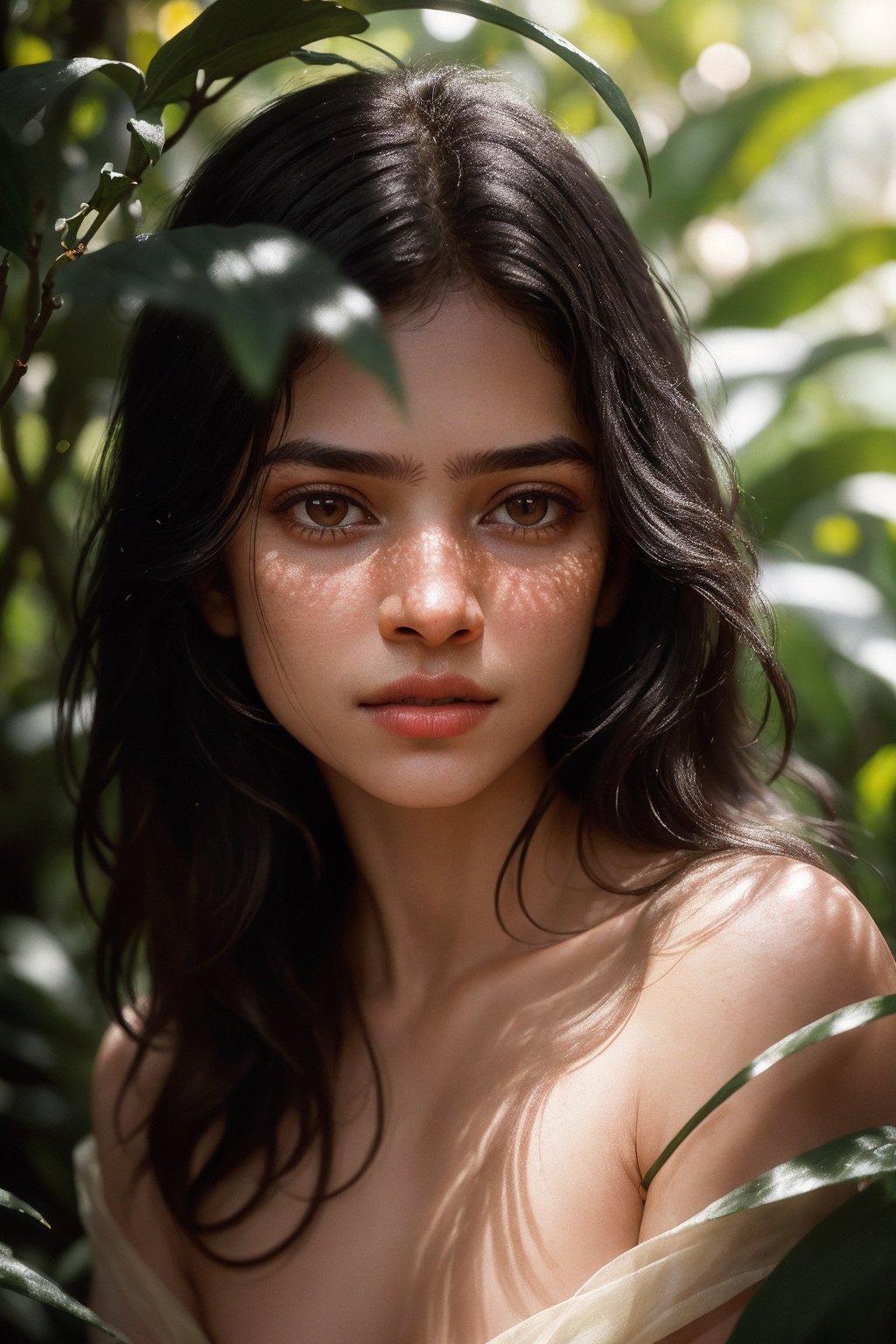 fashion photography portrait of indian girl with black long hair, in lush jungle with flowers, 3d render, cgi, symetrical, octane render, 35mm, bokeh, 9:16, (intricate details:1.12), hdr, (intricate details, hyperdetailed:1.15), (natural skin texture, hyperrealism, soft light, sharp:1.2), detailed, sunlight passing through foliage, india