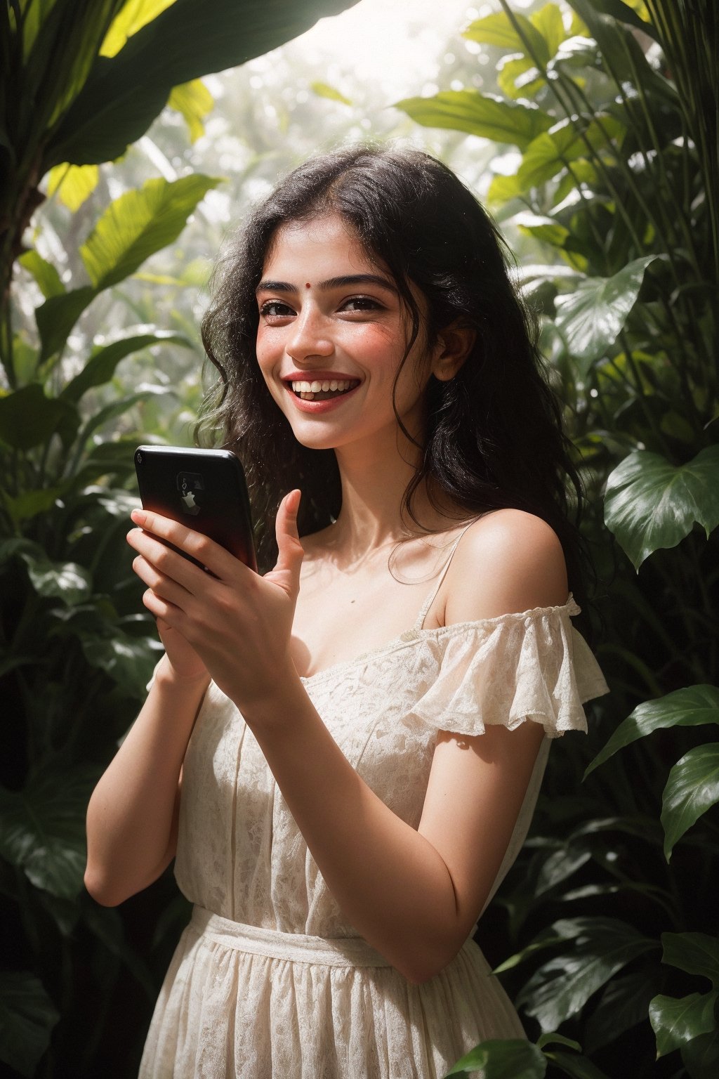 fashion photography portrait of indian girl with black long hair holding smart phone and laughing , in lush jungle with flowers, 3d render, cgi, symetrical, octane render, 35mm, bokeh, 9:16, (intricate details:1.12), hdr, (intricate details, hyperdetailed:1.15), (natural skin texture, hyperrealism, soft light, sharp:1.2), detailed, sunlight passing through foliage, india