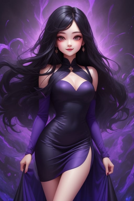 front shot image of a princess with long black hair, attired in a dark purple short dress with a hint of cobalt blue. Her face is spotless and bright, radiating beauty.  