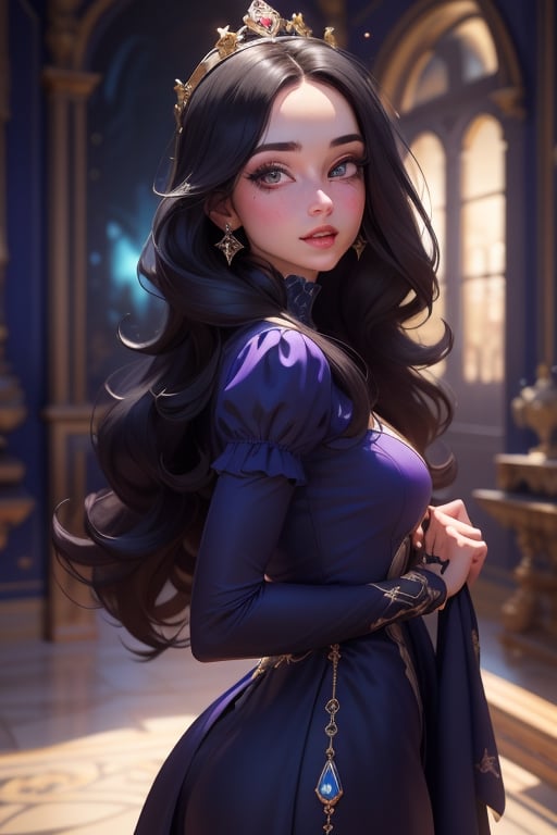 Generate a visually captivating image of a princess with long black hair, attired in a dark purple short dress with a hint of cobalt blue. Her face should be spotless and bright, radiating beauty. The background should capture the interior of a royal castle, showcasing a multitude of vibrant colors that create a regal atmosphere,3D MODEL