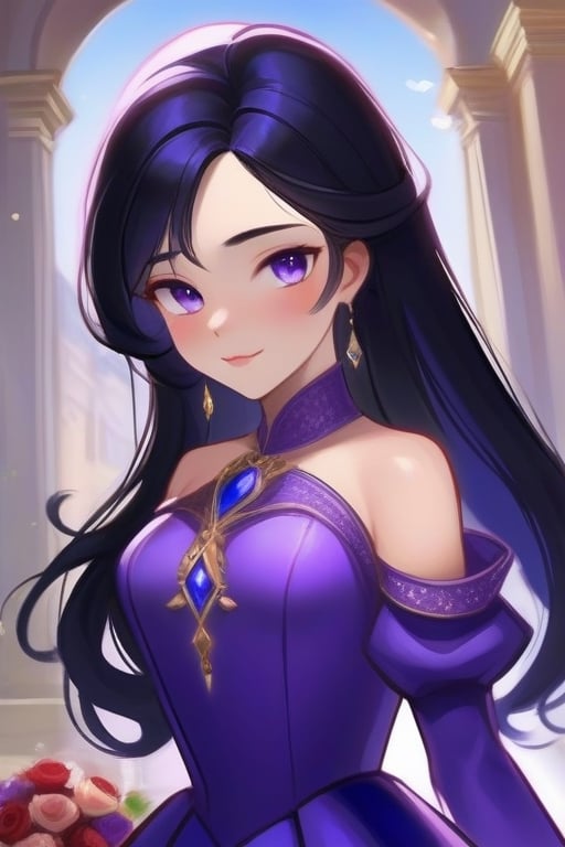 Generate a visually captivating image of a princess with long black hair, attired in a dark purple short dress with a hint of cobalt blue. Her face should be spotless and bright, radiating beauty. The background should capture the interior of a royal castle, showcasing a multitude of vibrant colors that create a regal atmosphere