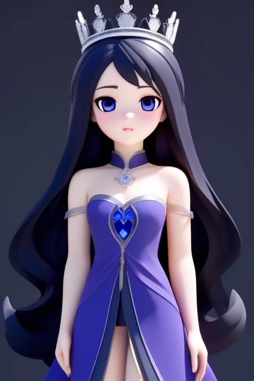 front shot image of a princess with long black hair, attired in a dark purple short dress with a hint of cobalt blue. Her face is spotless and bright, radiating beauty, wearing a crown,3D MODEL,Masterpiece,2.5~3D,Young beauty spirit ,LinkGirl,naked bandage