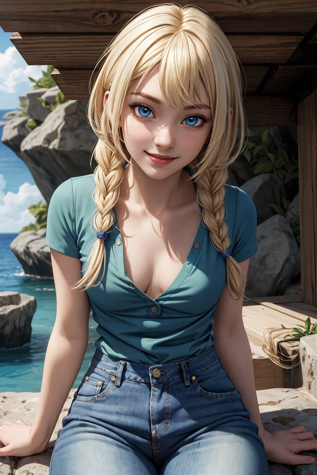 (hyper-realistic image), masterpiece, best quality, very detailed), beautiful face, beautiful eyes, smiling, 1 girl, aalillie, (alone), sitting, beautiful short girl, cute girl, very thin, looking at viewer, long hair , braid, (blonde hair), (blue eyes), collarbone,(lora: lillie_(pokemon)_v1:0.7), detailed face, detailed eyes, blue jean, jeans, (green shirt),((small breasts:1.1) ), symmetrical breasts, beautiful, detailed and realistic skin texture, detailed hair, sitting on the top of a cliff,
,aalillie