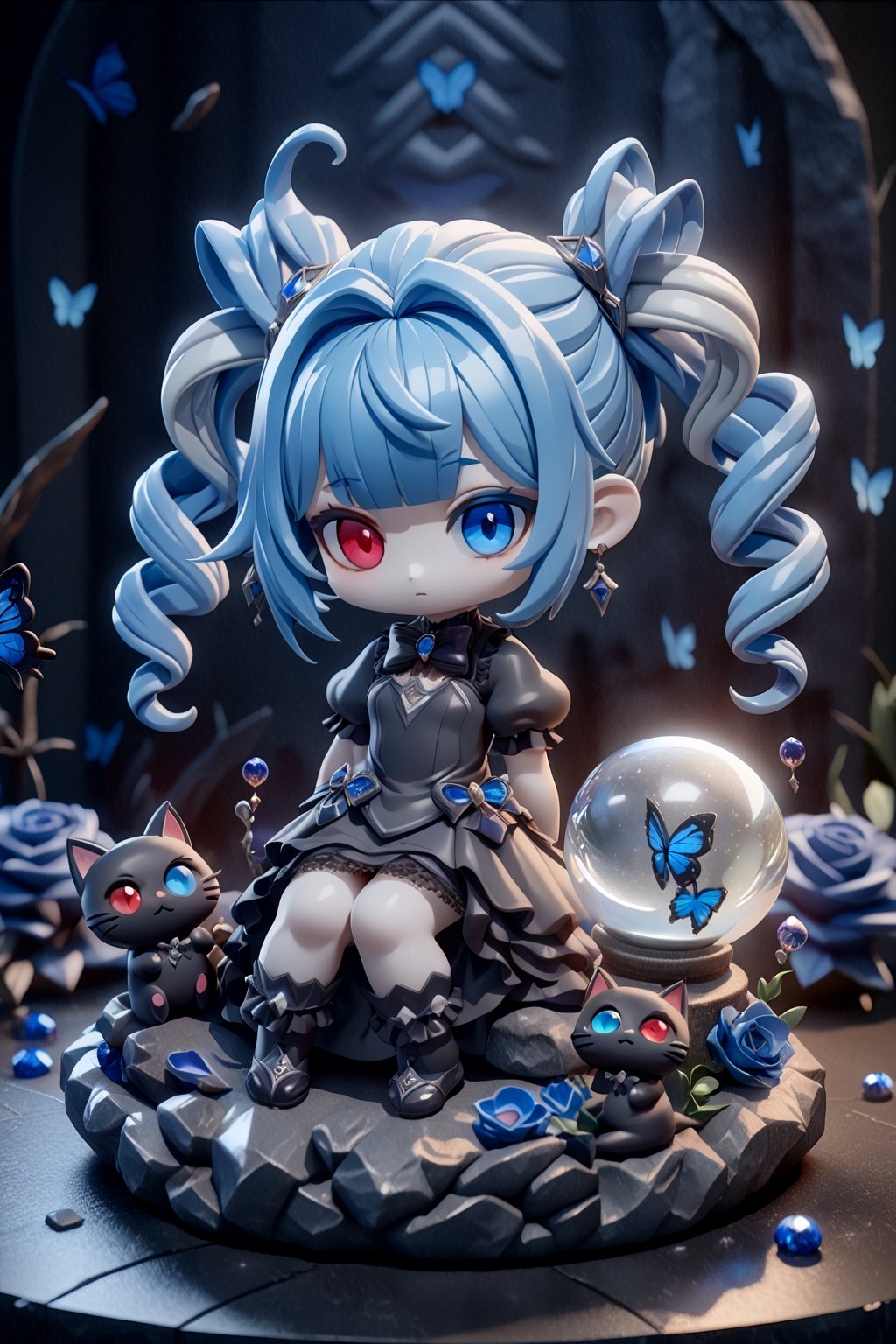 monumental glass sculpture with the shape,(3D figure, chibi rag, gwen from league of legends),((top view)),((sitting)),bubbleGL,underwatera crystal ball placed on top of a covered rock,alone, (masterpiece, ultra detailed, high quality, 8k, professional, UHD, unbeatable image quality, state-of-the-art image, perfect image, beautiful colors),{((arms behind the back))},gothic theme,dark theme ,bow,multicolored hair,bow tie,drill,twin drills,bangs,dress, short sleeves, gray dress, puffed sleeves, black dress,looking at viewer,jewelry,high resolution, gothic makeup, monochrome gothic room, blue hair ( blunt bangs), heterochromia eyes, red carpet, black cats, blue flowers, blue butterflies,
,more detail XL,chibi
