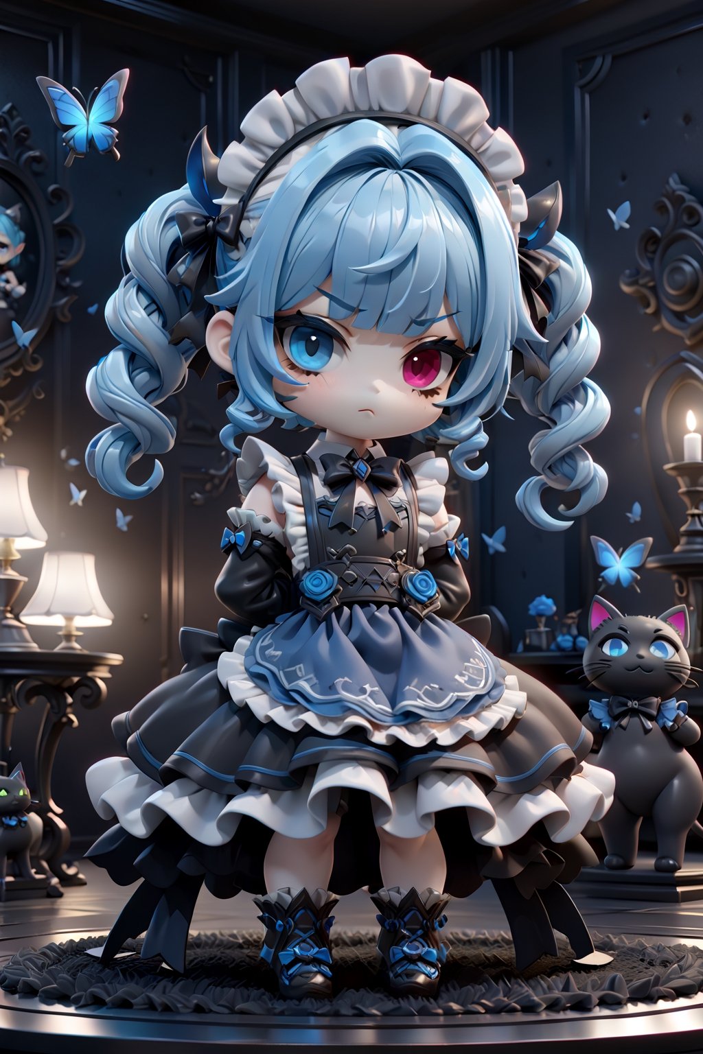 (3D figure, chibi rag, gwen from league of legends), solo, (masterpiece, ultra detailed, high quality, 8k, professional, UHD, unsurpassed image quality, latest generation of image, perfect image), ((arms behind back)),gothic theme,dark theme,bow,multicolor hair,bow tie,drill,twin drills,bangs,long sleeves,maid headdress,maid apron,ruffles,ribbon,facing at viewer,jewelry,blue sleeve, blue apron, high resolution, gothic makeup, monochrome gothic room, lying on the floor, blue hair (blunt bangs), heterochromia eyes, black carpet, black cats, blue flowers, blue butterflies,
,more detail XL,chibi