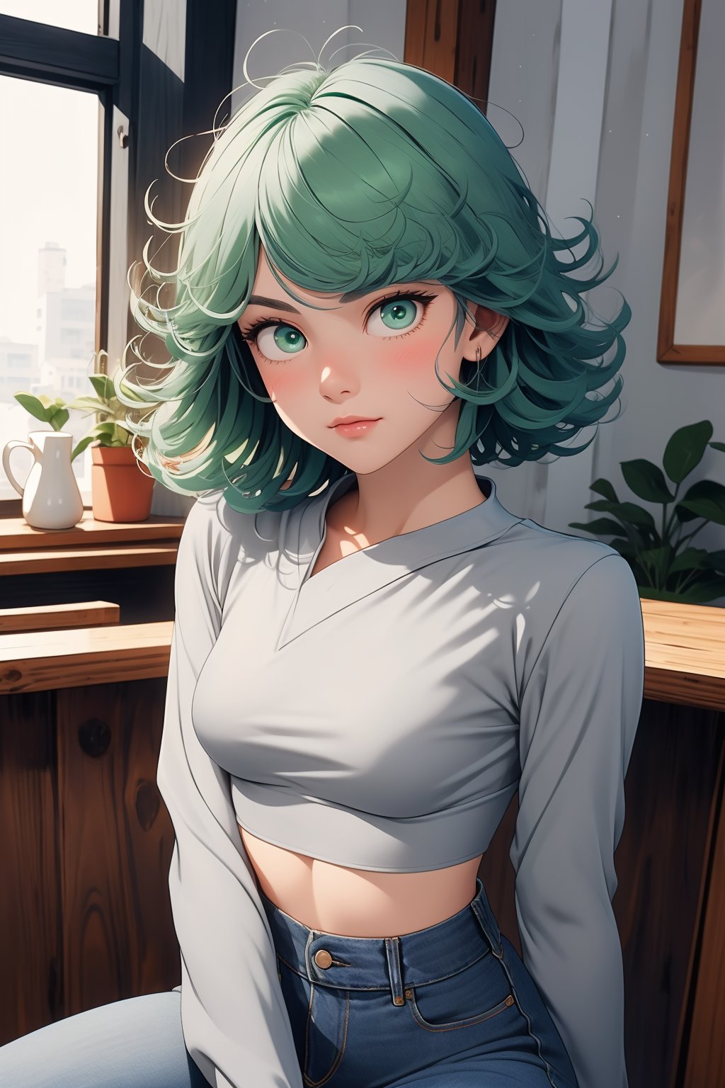 (masterpiece), (best quality), 1 girl, (alone)((front)),((upper body portrait)),(tatsumaki), (small body), (thin body), short hair, looking at viewer, ((gray colored crop top)), (long sleeves), (dark blue jeans), (green eyes), (bright eyes), ((symmetrical breasts)), ((small breasts)), ( blushing), ((normal face), (sitting inside a coffee shop), cowboy style photo, portrait, light
,portrait