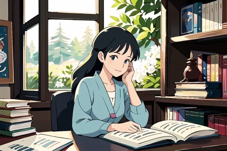 masterpiece, best quality, nice hands, perfect hands, 1girl, ghibli studio style,ghibli style.

butterflies, books, bookshelves, study table.

spring, positive things related to spring. 