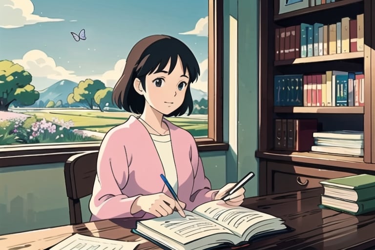 masterpiece, best quality, nice hands, perfect hands, 1girl, ghibli studio style,ghibli style.

butterflies, books, bookshelves, study table.

spring, positive things related to spring. 