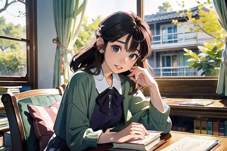 masterpiece, best quality, nice hands, perfect hands, 1girl, ghibli studio style,ghibli style, cozy, butterflies, a soft smile, High detailed, modern design,

books, bookshelves, study table, window, sheer curtain, coffee, 
spring, positive things related to spring. evening, 

The room around her is adorned with warm, orange light color, and the soft afternoon light gently spills onto the pages. She's surrounded by bookshelves filled with stories, creating an enchanting atmosphere perfect for a peaceful reading session. 

girl sits on a comfortable cushion with a captivating book in her hand. Her large, expressive eyes reflect the words on the pages, and a soft smile plays on her lips as she gets lost in the world of the story.

Display only books with perfect shapes.