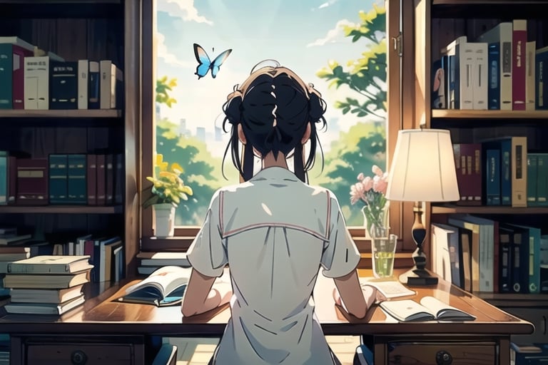 masterpiece, best quality, nice hands, perfect hands, 1girl, ghibli studio style,ghibli style.

butterflies, books, bookshelves, study table.

spring, positive things related to spring. ,highres