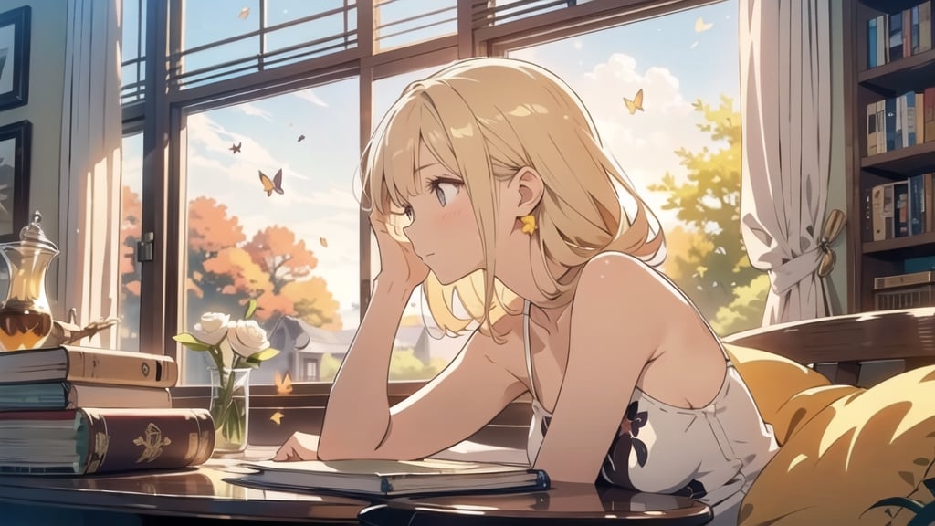 masterpiece, best quality, nice hands, perfect hands, 1girl, in_profile, pale, white skin, flat_chested, cozy, fall, autumn, coffee, falling leaves, window, sheer curtain, study table, evening, ghibli studio style,ghibli style, cinematic light, cinematic view, High detailed,Lofi, a soft smile,LinkGirl,kwon-nara

image, depict her in a unique pose that conveys her sense of adventure and enthusiasm. Create separate images for each pose, and make sure each one is set against a backdrop filled with the cosmic wonders of the universe, enhancing the vibrant atmosphere for each pose. These images should showcase the character's versatility and charm."girl sits on a comfortable cushion with a captivating book in her hands. Her large, expressive eyes reflect the words on the pages, and a soft smile plays on her lips as she gets lost in the world of the story. Her dress is neat and beautiful. The gold and silver-colored decorations are impressive.

The room around her is adorned with warm, orange light color, and the soft afternoon light gently spills onto the pages. She's surrounded by bookshelves filled with stories, creating an enchanting atmosphere perfect for a peaceful reading session. Golden lights or butterflies make space more beautiful.

As she turns the pages, the girl's curiosity and wonder come to life. The world of literature and the adventures within its pages are her cherished companions, making her reading moments truly magical."