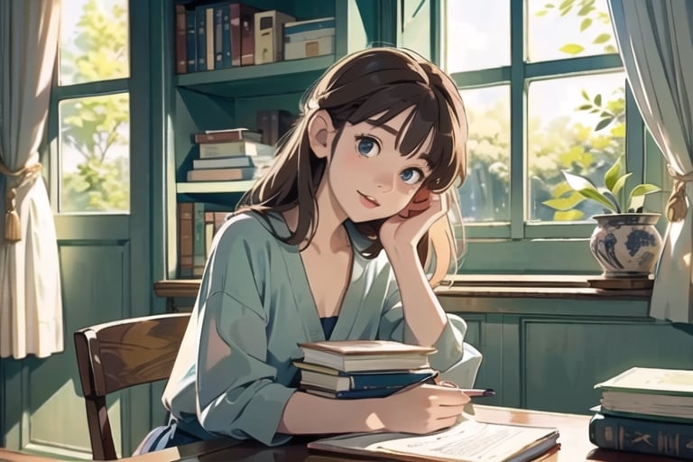 masterpiece, best quality, nice hands, perfect hands, 1girl, ghibli studio style,ghibli style, cozy, butterflies, a soft smile, High detailed, modern design,

books, bookshelves, study table, window, sheer curtain, coffee, 
spring, positive things related to spring. evening, 

The room around her is adorned with warm, orange light color, and the soft afternoon light gently spills onto the pages. She's surrounded by bookshelves filled with stories, creating an enchanting atmosphere perfect for a peaceful reading session. 

girl sits on a comfortable cushion with a captivating book in her hand. Her large, expressive eyes reflect the words on the pages, and a soft smile plays on her lips as she gets lost in the world of the story.

Display only books with perfect shapes.